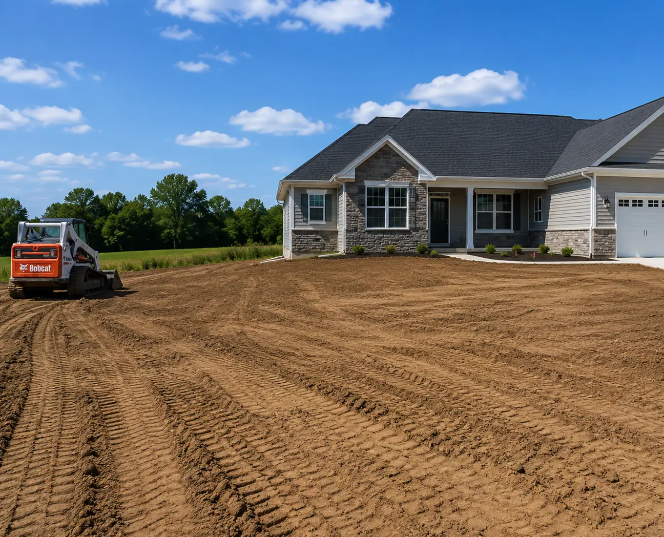 Finish grading and site preparation for a new construction home in Columbia, IL with Bobcat skid steer equipment.