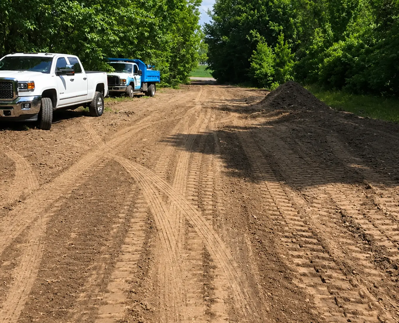 Land clearing and grading project in Columbia, IL with dump trucks and heavy equipment preparing a wooded property for development.