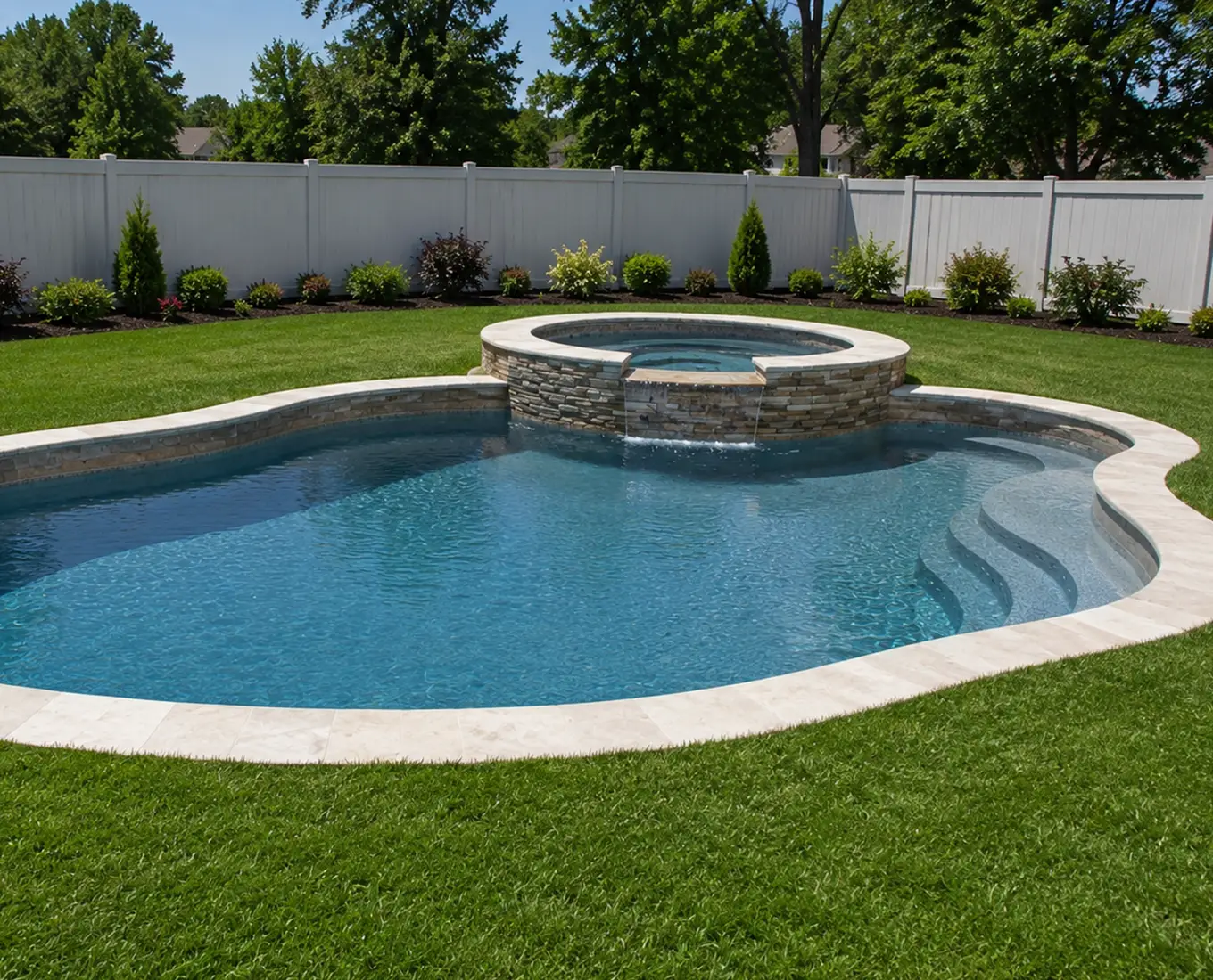 gunite pool with added spill over spa installed - columbia il