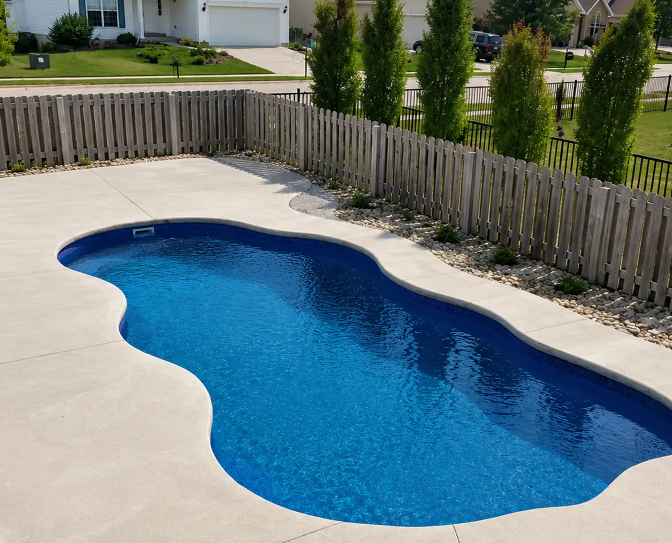 Freeform fiberglass swimming pool with concrete decking in a residential backyard in Columbia, IL.