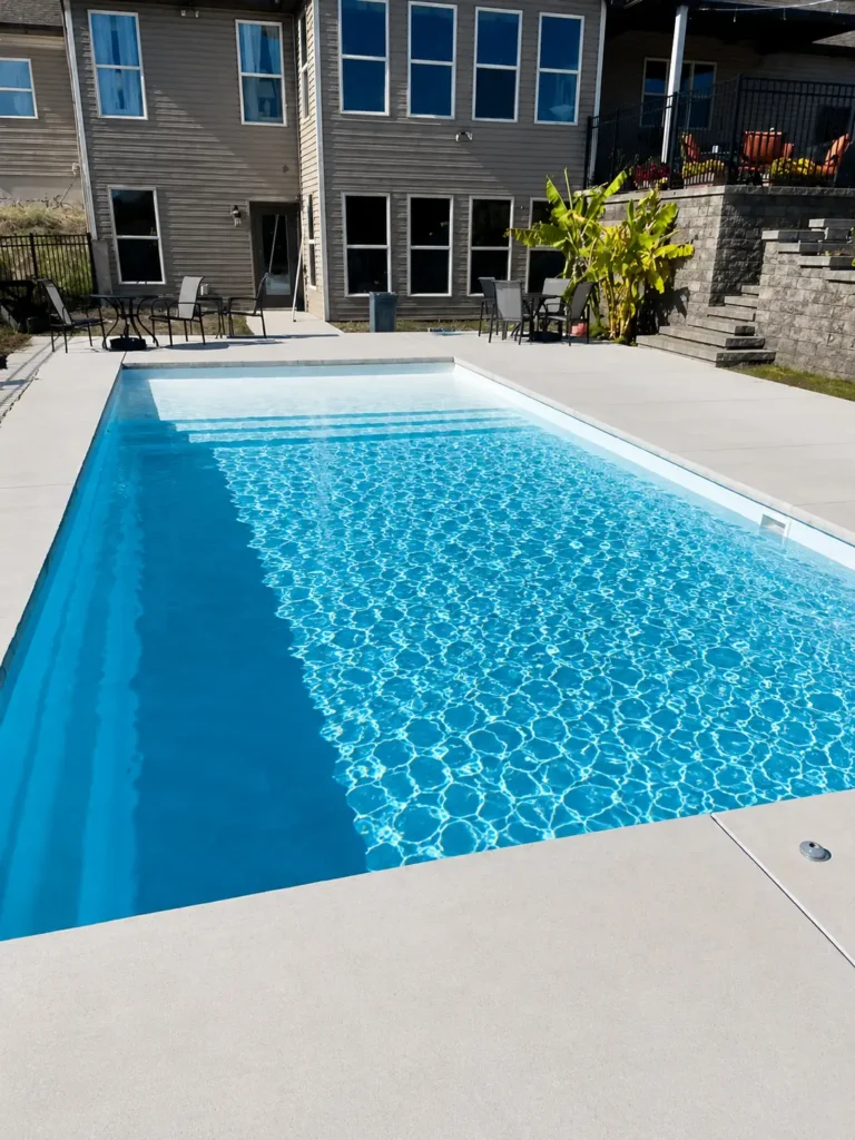 Modern rectangular fiberglass pool with tanning ledge, crystal-clear water, and contemporary concrete pool deck in Columbia, Illinois.