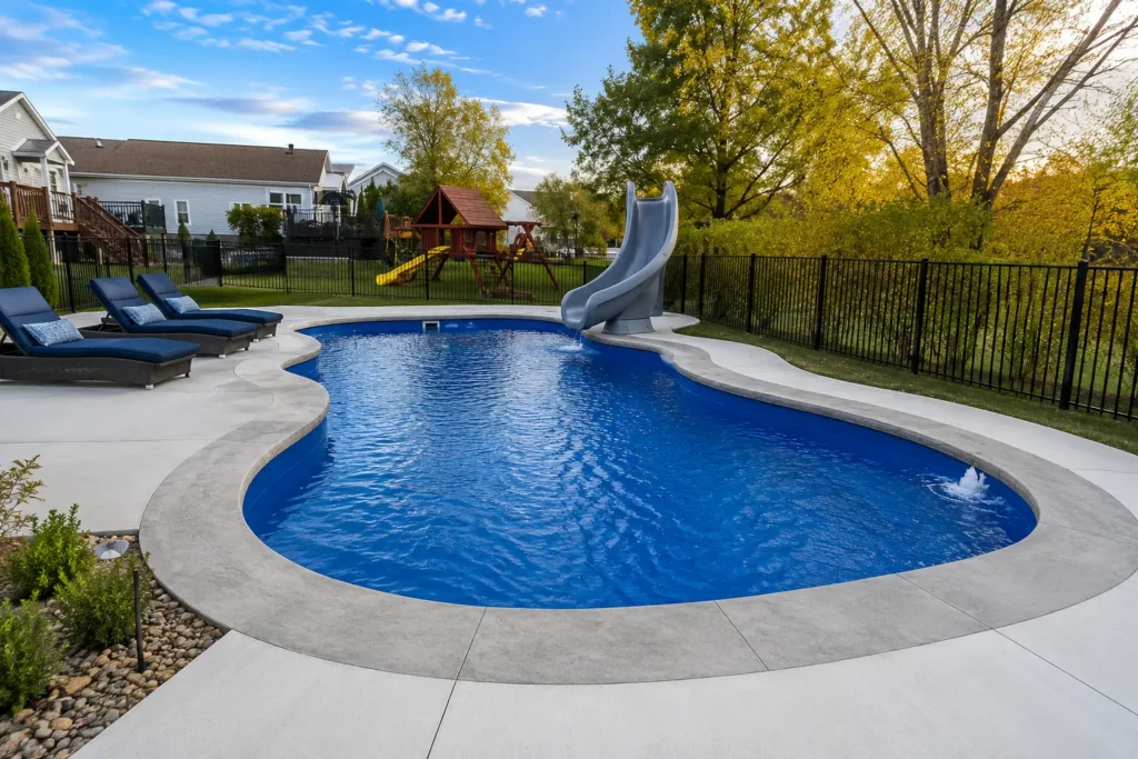 Family-friendly fiberglass swimming pool with water slide, lounge chairs, and fenced backyard in Columbia, IL.