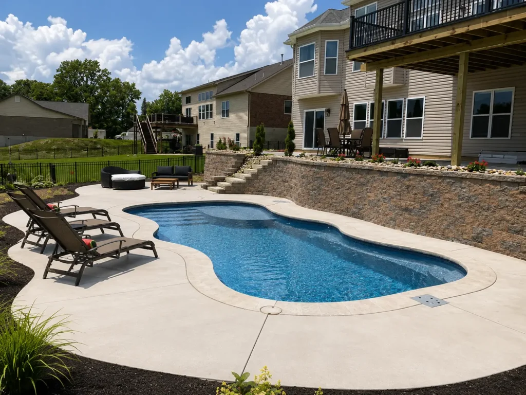 Custom fiberglass pool with retaining wall, elevated patio, and landscaped backyard living space in Columbia, Illinois.
