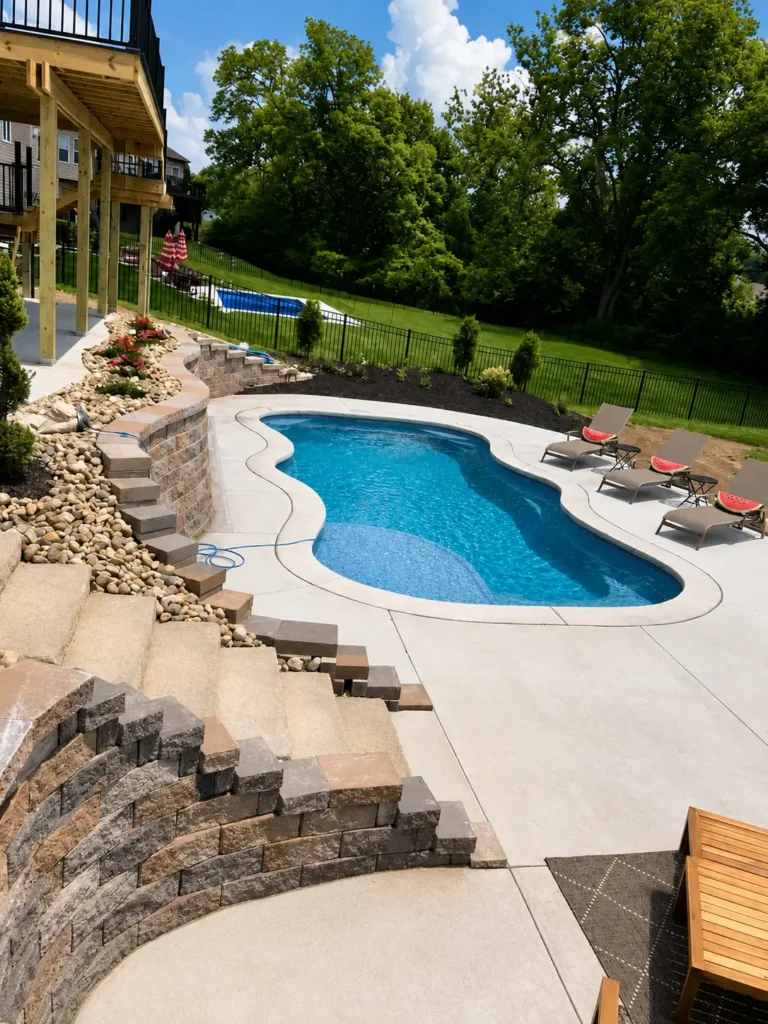 Freeform fiberglass pool with decorative retaining walls, stone steps, and outdoor lounge area in Columbia, IL backyard.