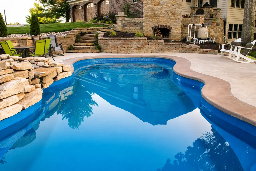 Freeform fiberglass pool with natural stone waterfall, retaining walls, and outdoor fireplace in a luxury Columbia, IL backyard.