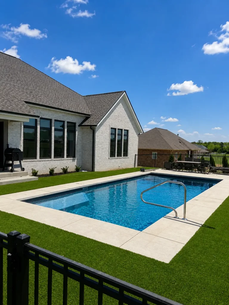 Rectangular fiberglass pool with tanning ledge, manicured lawn, and modern outdoor living space in Columbia, Illinois.