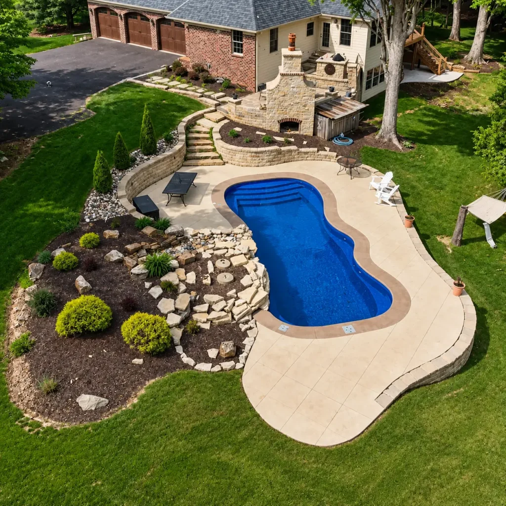 Aerial view of a custom freeform fiberglass pool surrounded by retaining walls, landscaping, and outdoor fireplace in Columbia, IL.