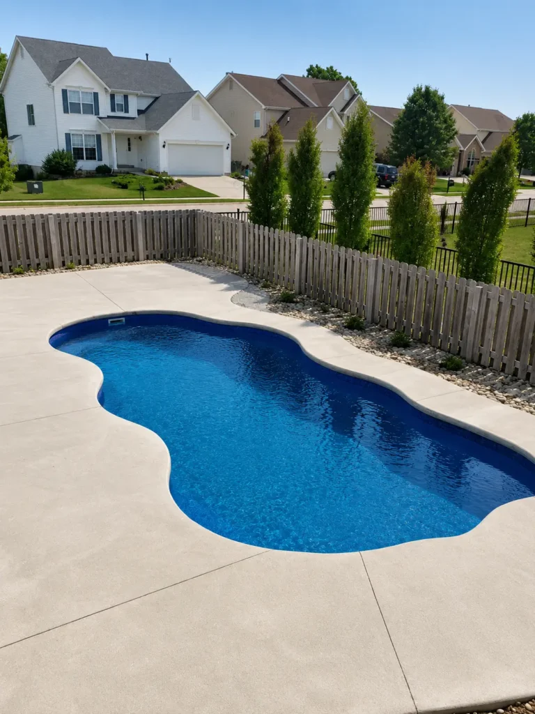 Freeform fiberglass swimming pool with expansive concrete patio and residential backyard setting in Columbia, Illinois.