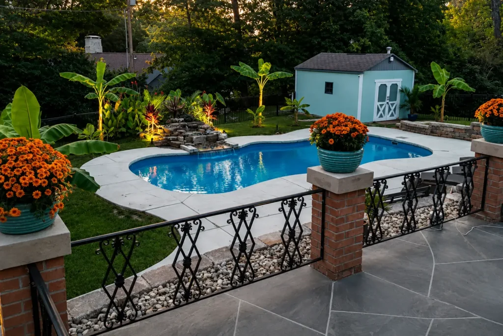Tropical-inspired backyard fiberglass pool with waterfall, landscape lighting, and lush landscaping in Columbia, Illinois.
