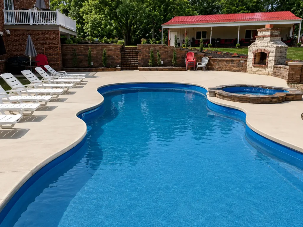 Fiberglass swimming pool with attached spa, outdoor fireplace, and expansive concrete pool deck in Columbia, IL backyard.
