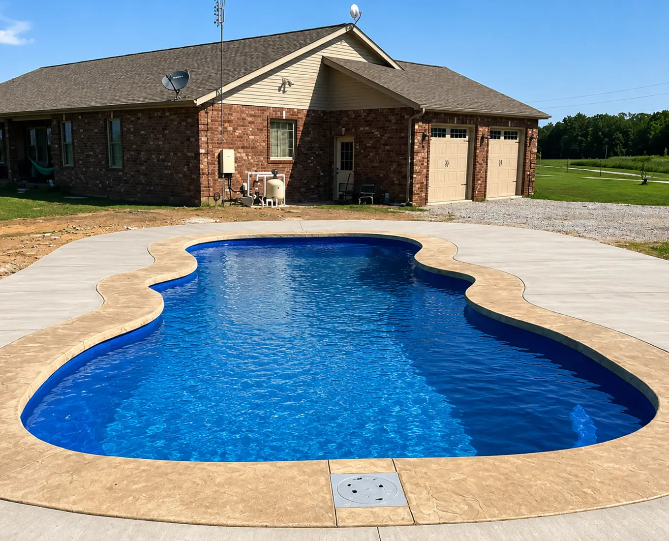 Custom freeform swimming pool surrounded by decorative concrete surfaces and outdoor entertainment space in Smithton, IL.