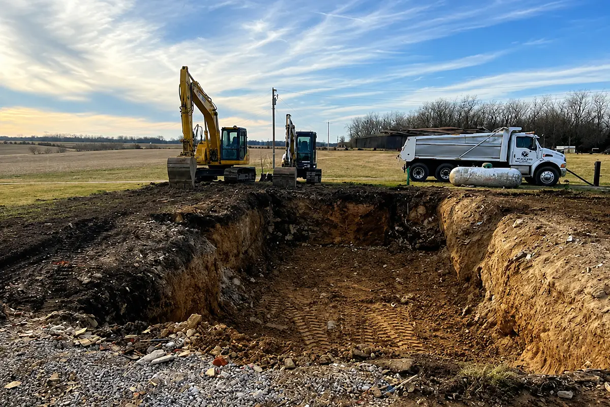 Excavators and dump truck at a large excavation site in Columbia, IL.