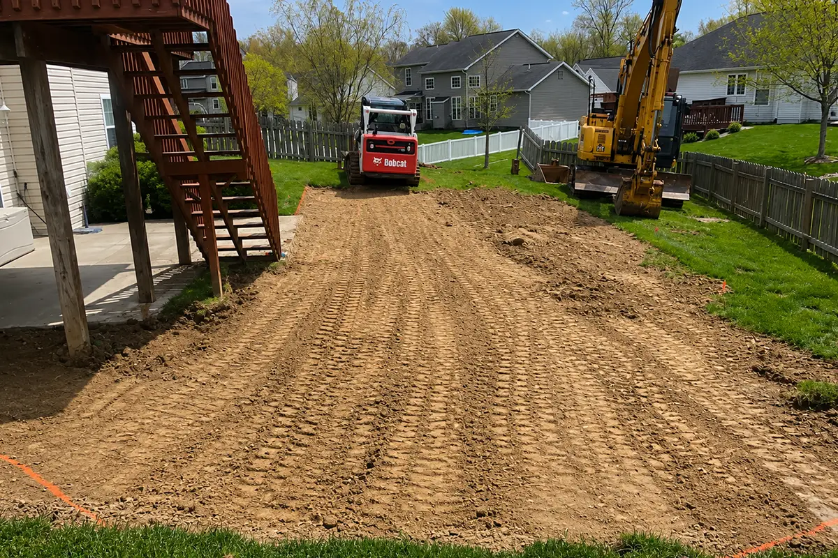 Bobcat and excavator grading a residential backyard in Columbia, IL.