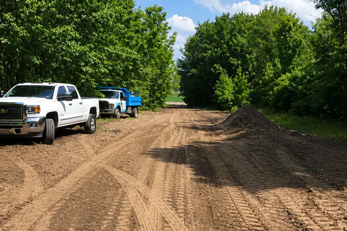 Excavating trucks beside a freshly graded driveway surrounded by trees in Columbia, IL.